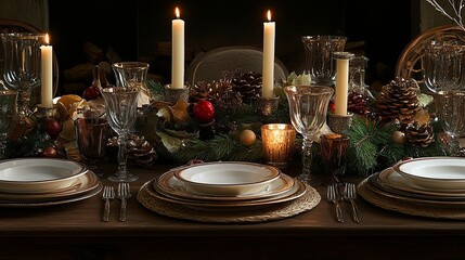 A holiday table setting with candles, festive decorations, and a warm centerpiece. picture