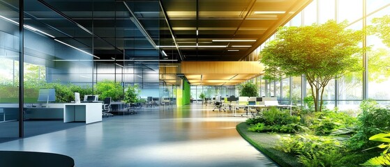Modern open workspace, bright interior with green plants, large windows providing natural light, inviting atmosphere for collaboration.