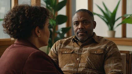 Black man engages in meaningful conversation about health and wellness in a cozy, plant-filled setting during a reflective afternoon