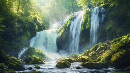 Fototapeta premium Sunlit Waterfall in Lush Forest