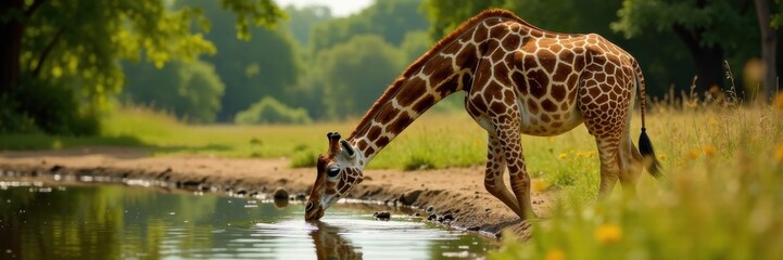 Obraz premium Giraffe drinking from watering hole , watercolor, safari