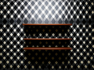 Naklejka premium Empty wooden shelves, black-white wall, interior design