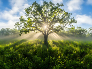 Obraz premium Sunrise, lone tree, misty field, nature scene