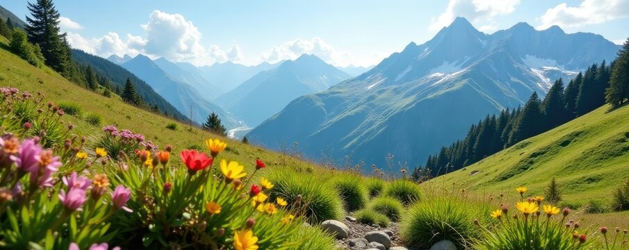 Firn in alpine terrain with grasses and wildflowers, wildflowers, flora