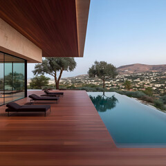 Hillside villa pool, sunset view