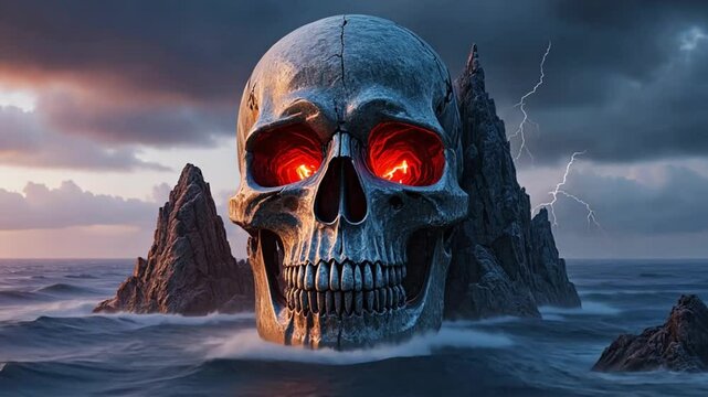 horror island in ocean. devilish screaming skull. Halloween concept
