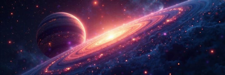 Obraz premium Glowing, ethereal planet orbiting stars, Celestial, Space