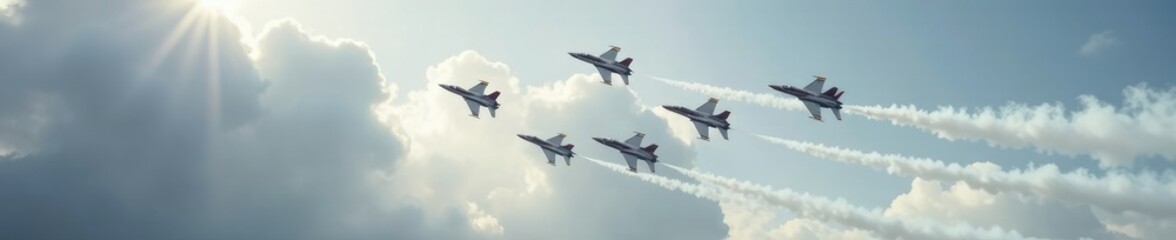 Formation of six jets against grey cloudy sky with smoke trails, clouds, aircraft