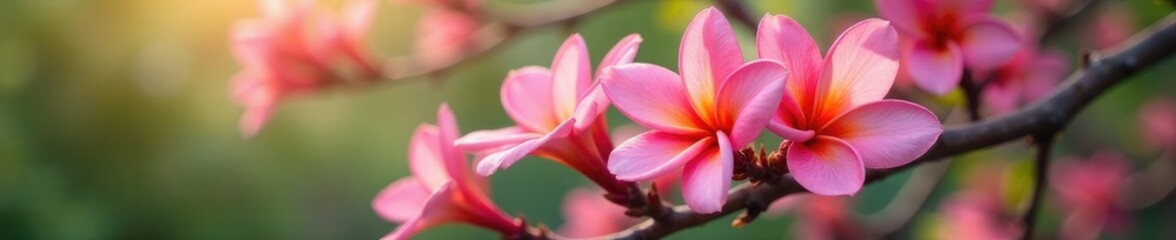 Fototapeta premium Fragrant pink frangipani flowers blooming on a tree branch, blossoms, flowers