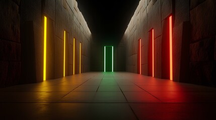 Mysterious Corridor with Glowing Neon Doors in a Dark Space
