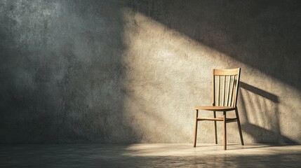 Minimalist Chair Against Plain Wall, solitary chair casting shadows, evokes calmness, simplicity, and artistic expression in a serene space