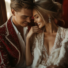 A charming couple celebrating Valentine's Day. The man and woman are hugging and smiling at each other in a romantic atmosphere. A close-up full of warmth, love, and joy, perfect for illustrating them