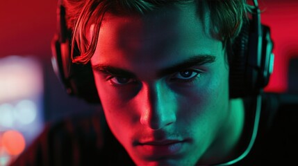 pro gamer man in headphones live streaming while playing online computer game, neon lights, esports,  gaming, monitor, play, young, player, internet, enjoyment, cyber,
