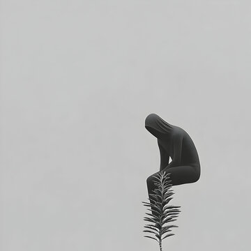 Solitary figure, plant, grey sky, contemplation, minimalist art