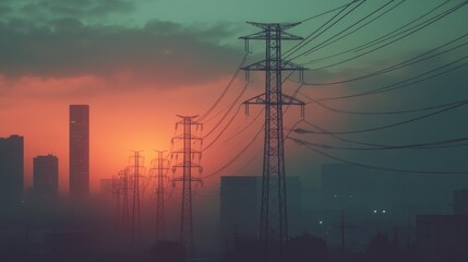 Urban high power poles connected to smart grid, energy supply, power distribution, power transmission, power transmission, high voltage supply, technology, community, city