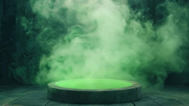 Round stone cauldron with green liquid surrounded by green fog on a wooden surface, Mysterious fantasy atmosphere with copy space, Magic and potion brewing concept for design and print