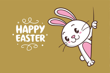 cute cartoon bunny peeking from the side with happy easter text on a brown background. perfect for holiday greetings and festive designs.