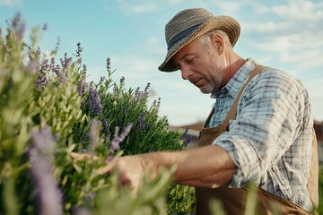 Green Thumbs Gently Harvest Man Picks Fresh, Aromatic Rosemary for Herbs or Food on Lush Farm