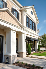 Fototapeta premium Luxury House Exterior: Modern Architecture, Elegant Design, and Classic Style. Real Estate, Residential Property, Home Facade, Columns, Stone, Brick, Windows, and Landscaping.