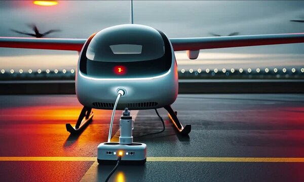 A sleek aerial vehicle connects to a compact charging unit at dusk, highlighting advanced recharging technology in urban air transport. This modern scene represents innovation in mobility