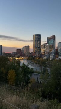Pan View of Calgary Canada Skyline at Sunrise. Vertical Footage