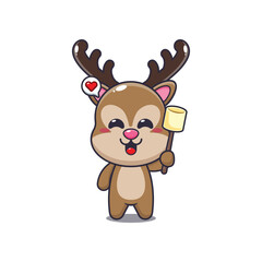deer mascot cartoon character vector illustration eating marshmallow.