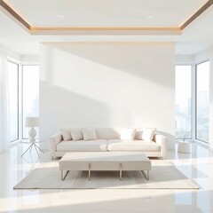 Fototapeta premium Interior of a bright living room, empty white wall background, reflective floor