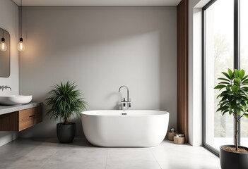 Modern Freestanding Bathtub Bathroom, Neutral Tones, Simple Design, Green Plants, Soft Lighting, Calm Spa Feel, Cold Light, Minimalist Interior, Front View.

