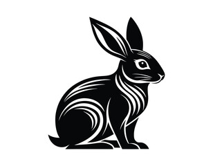 black and white vector illustration of a rabbit in a sitting position with detailed fur lines and a sleek design, perfect for logos, tattoos, or decorative art