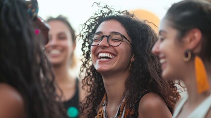 Obraz premium Joyful women from different backgrounds gather in a lively urban atmosphere, bonding through laughter and sharing positive energy as the sun sets, creating a warm ambiance