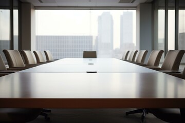 Fototapeta premium Modern conference room with empty chairs and large table, overlooking a cityscape through large windows