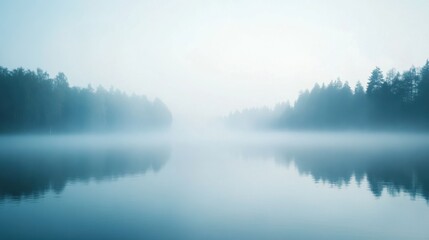 Fototapeta premium Misty morning on a serene lake, trees reflected in the still water.
