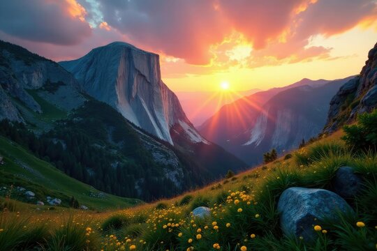 Lush greenery and granite rock formations at sunrise, nature, mountain
