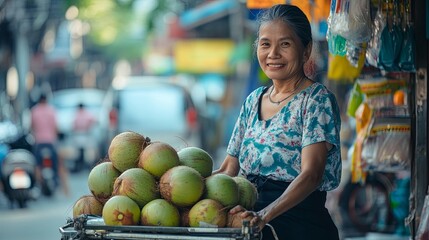 A local Thai woman selling fresh coconuts from a cart on a busy street. picture