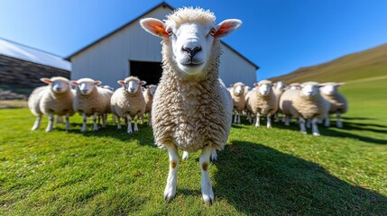 Fototapeta premium Close-Up of Sheep Surrounded by Flock on Green Grass Field