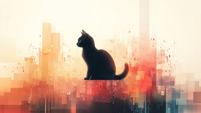Vibrant digital abstraction of Schr&ouml;dinger's cat, exploring quantum computing concepts, theoretical visualization in a dynamic setting