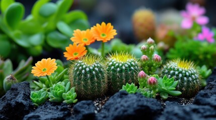 Vibrant Succulent and Cactus Garden with Colorful Flowers