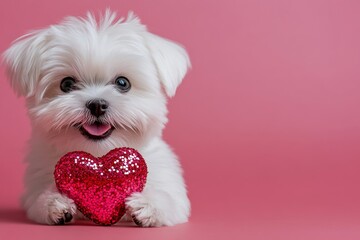 Maltese - my beloved dog. Digital ads idea. Cute maltese canine with sparkling rhinestones red heart - sign of love, funny greeting card. Valentine's love pets ideas. Romantic animal pictures.