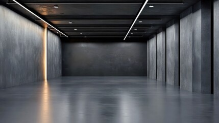 Minimalist empty industrial space, large open area with concrete walls, polished floor reflecting overhead lights, perfect for events.