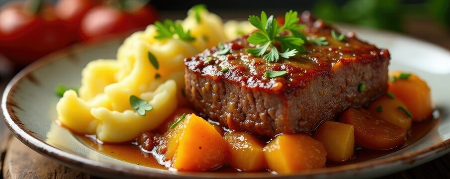 Roasted parmentier made with tender beef, crispy roasted pumpkin, and fluffy boiled potatoes, fluffy, dish, side
