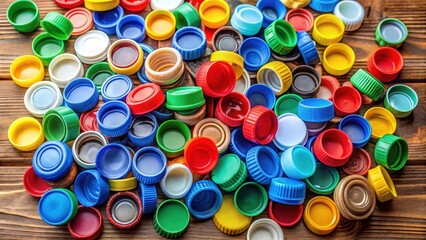 Colorful assortment of plastic bottle caps scattered on a wooden table