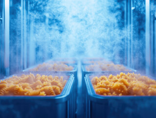 Steam rises from containers filled with pasta in factory setting, showcasing automated food processing