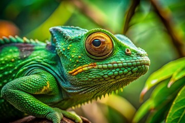 Obraz premium Close-up of Green Chameleon on Branch - Wild Reptile in Natural Habitat