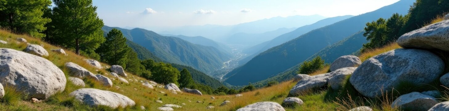 rugged terrain with granite boulders and trees, mountains of galicia, wilderness, caras de roca