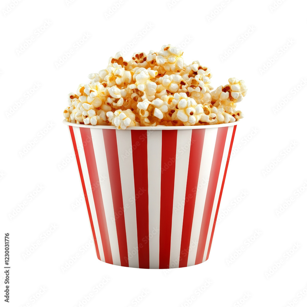 Poster a red and white striped bucket is overflowing with a delicious pile of freshly buttered popcorn.