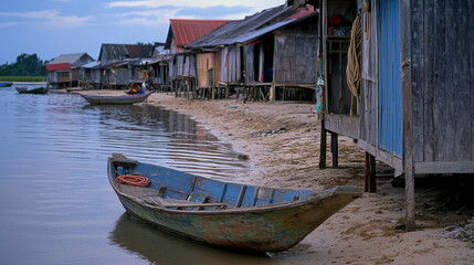 Obraz premium Vibrant Coastal Fishing Community with Stilt Houses and Serenity on the Water's Edge