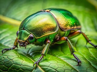 Naklejka premium Close-up of Green Rose Chafer Beetle on Leaf - Macro Insect Photography
