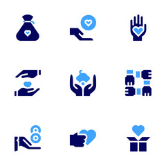Charity icon set. Bold style. Duotone colors. subsidy, share, poverty, heart, baby, selfcare, charity, donation