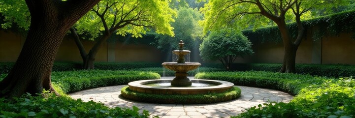 Serene garden with ancient trees and stone fountain, architetto, natura © retirementfun