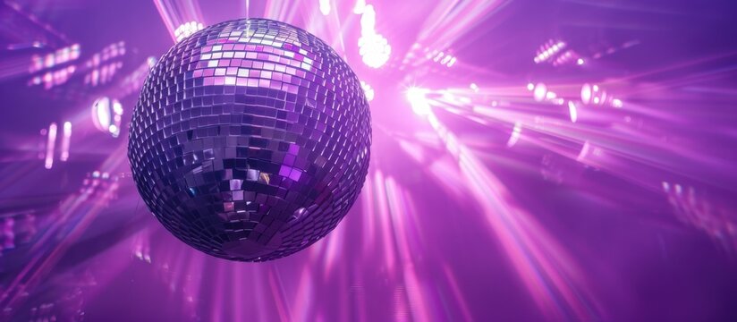 Disco ball reflecting purple light beams in a nightclub. - Powered by Adobe